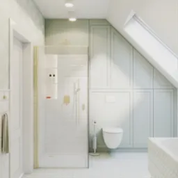 Jasna łazienka na poddaszu z kabiną prysznicową w złotej ramie, toaletą podwieszaną i zabudową meblową pod skosem.