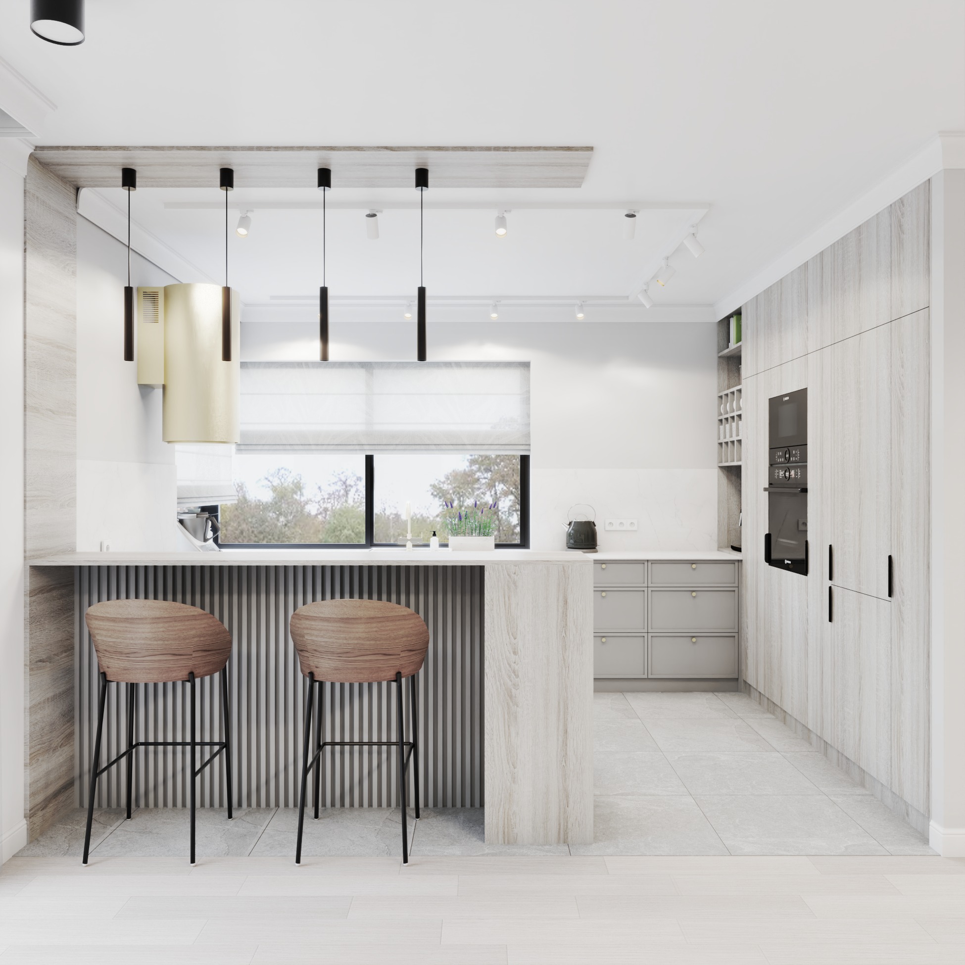 Jasna kuchnia z drewnianymi akcentami: wyspa z hokerami, zabudowa kuchenna z piekarnikiem i mikrofalówką, okno z widokiem na zieleń. Nowoczesny design.