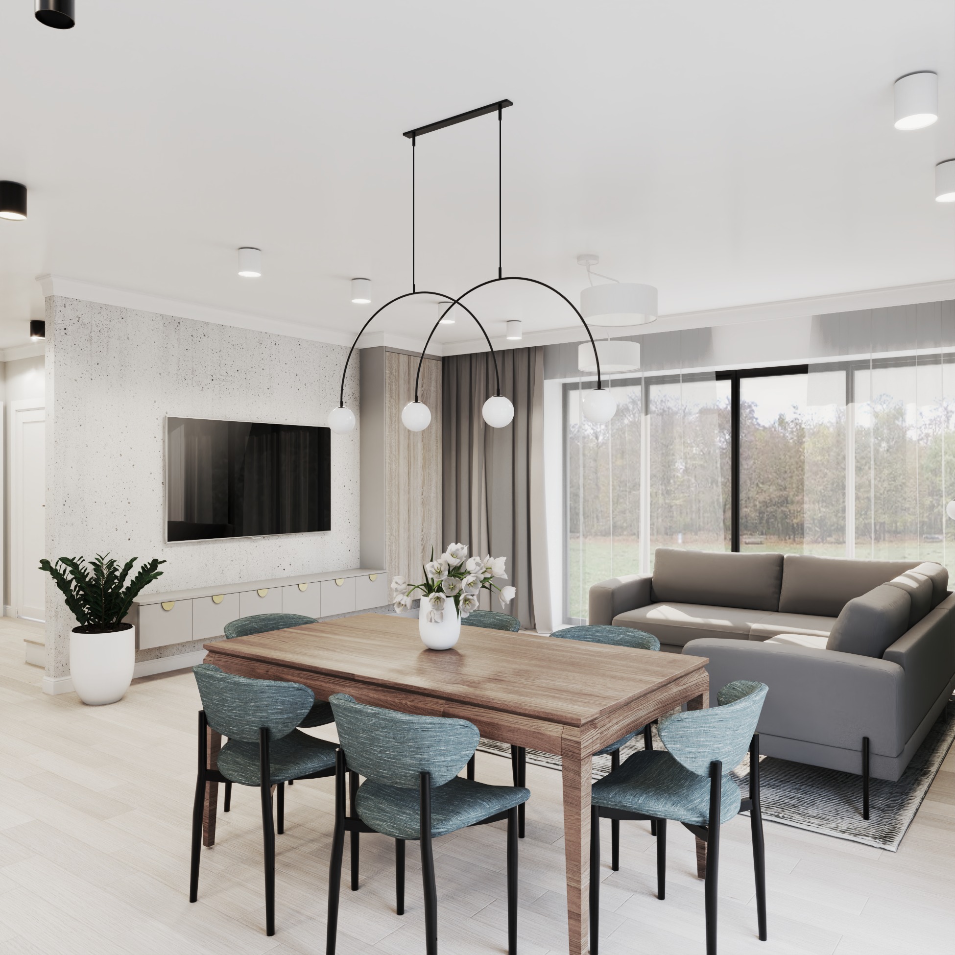 Jasne wnętrze: drewniany stół z turkusowymi krzesłami, szara sofa przy oknie i designerska lampa sufitowa. Minimalistyczny salon z akcentem roślinnym.