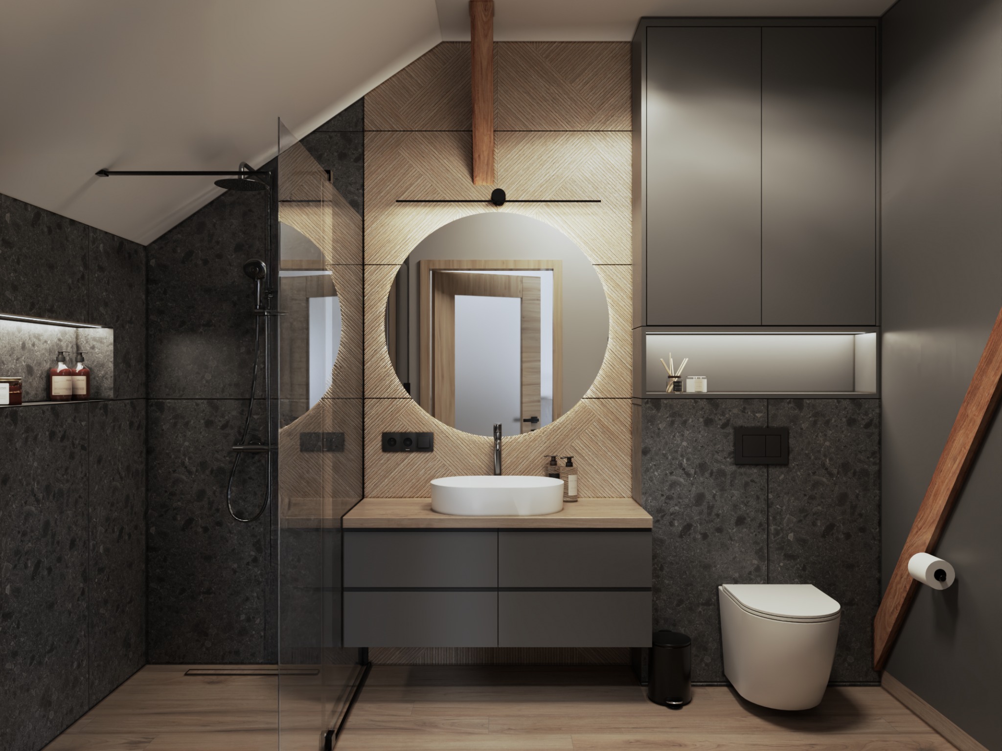 Nowoczesna łazienka na poddaszu z kabiną prysznicową typu walk-in, okrągłym lustrem z podświetleniem i drewnianymi akcentami. Umywalka nablatowa.