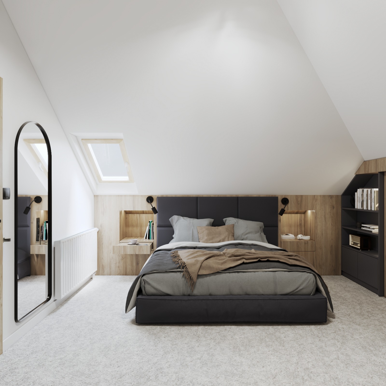 Sypialnia na poddaszu z łóżkiem, drewnianą zabudową i oknem dachowym. Minimalistyczny design wnętrza z lustrem i półkami nocnymi.
