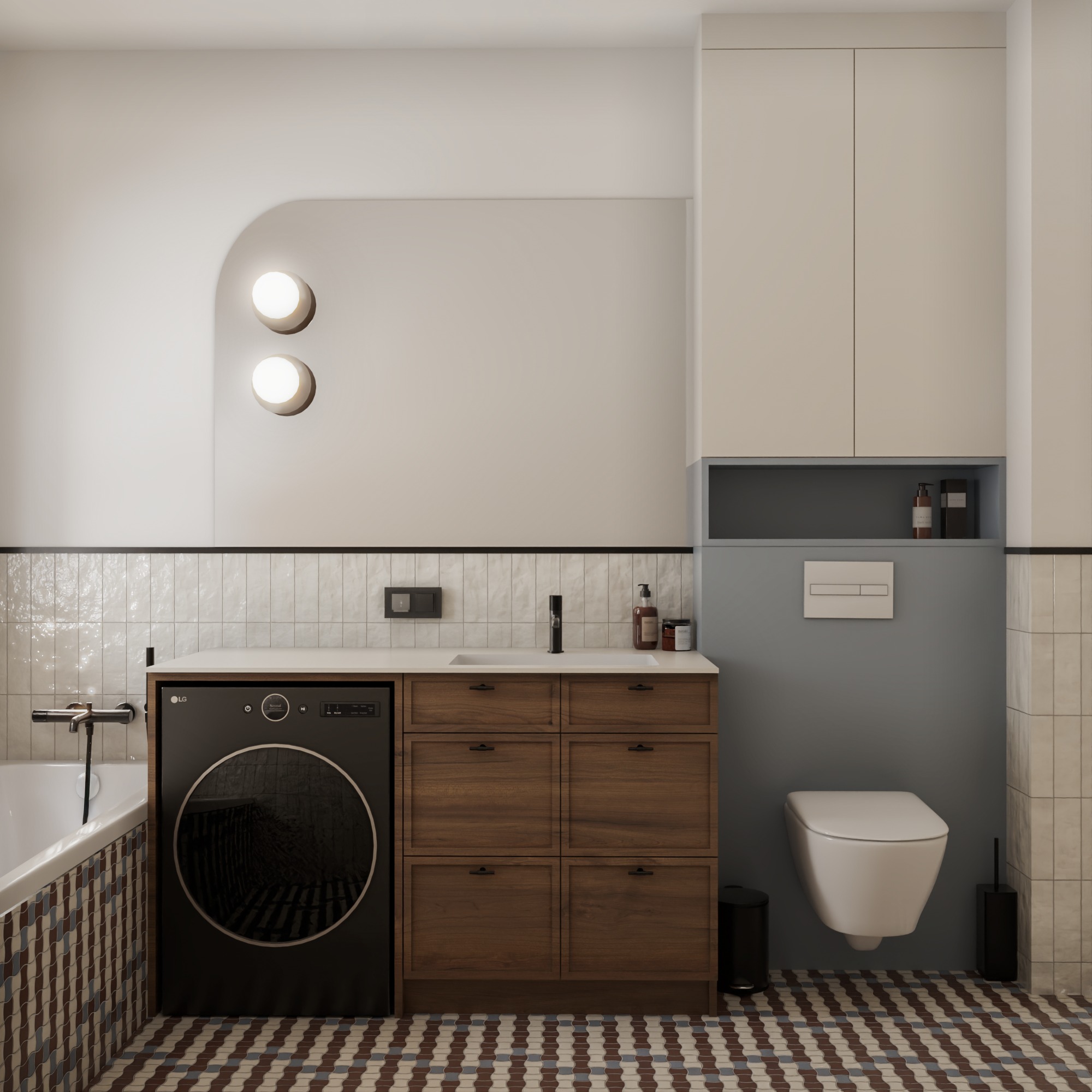 Nowoczesna łazienka z pralką LG obok drewnianej szafki umywalkowej, toaleta podtynkowa i mozaikowa podłoga. Projekt wnętrza z okrągłymi lampami.