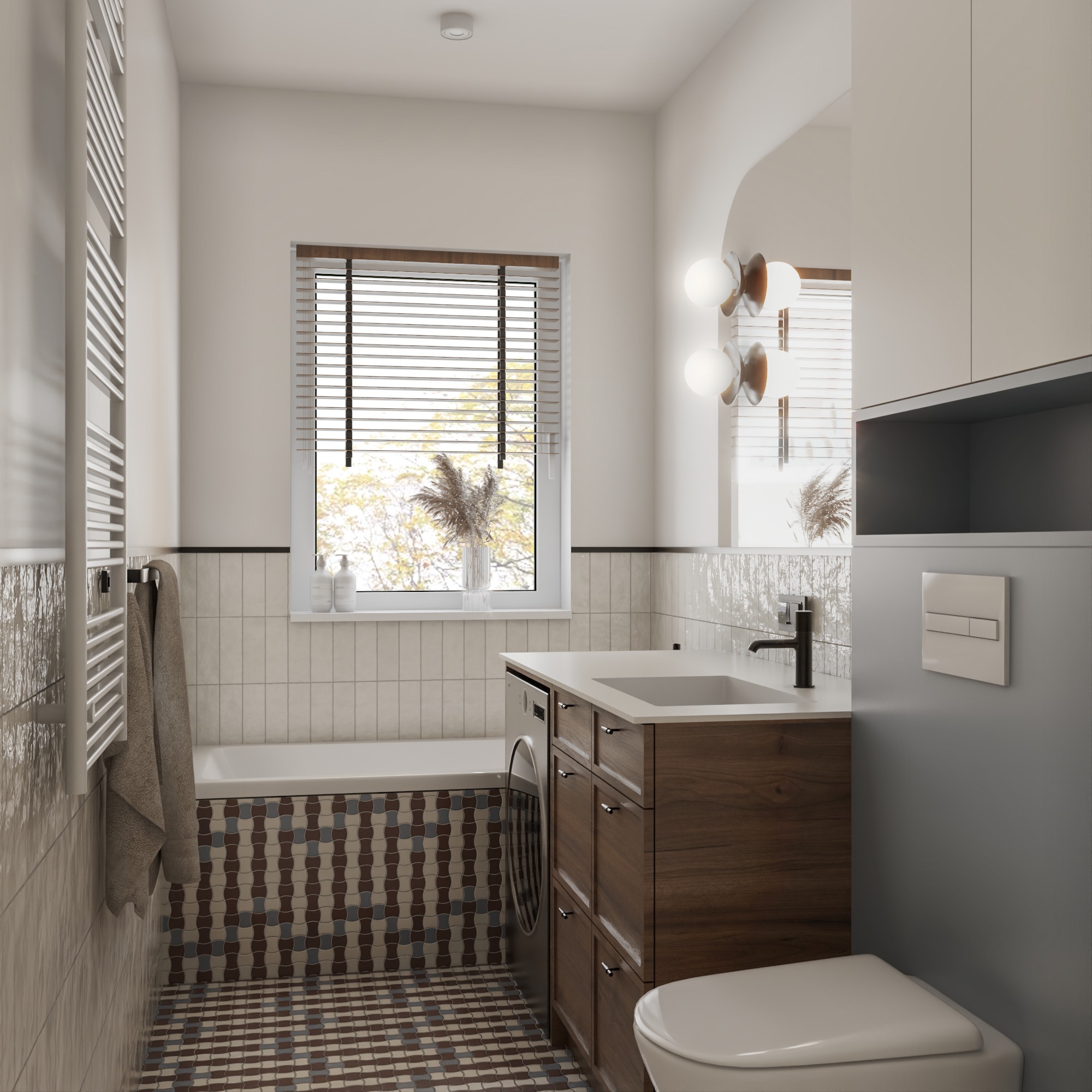 Stylowa łazienka z drewnianą szafką pod umywalką, pralką ukrytą obok w zabudowie i dekoracyjną mozaiką na podłodze i obudowie wanny.