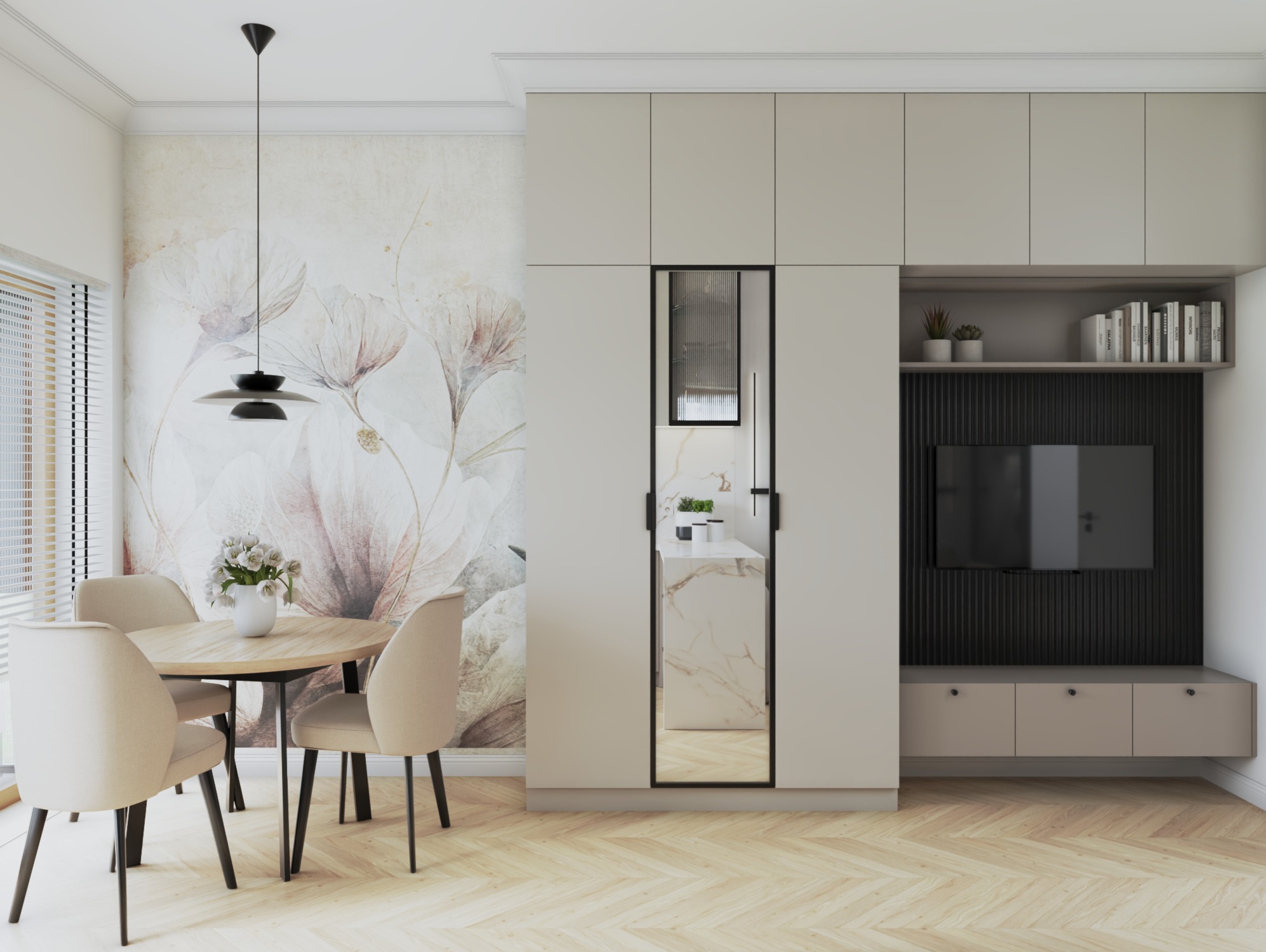Jasne wnętrze: okrągły stół z kwiatami, krzesła, szafa z lustrem odbijającym kuchnię, ściana z kwiatowym motywem, parkiet w jodełkę, minimalistyczny design.