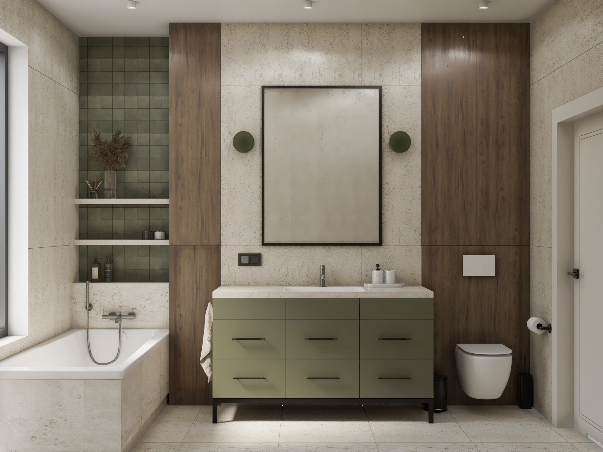 Nowoczesna łazienka z beżowymi płytkami, zieloną szafką pod umywalką i drewnianymi panelami. Minimalistyczny styl, okrągłe lampy przy lustrze, wanna z parawanem.