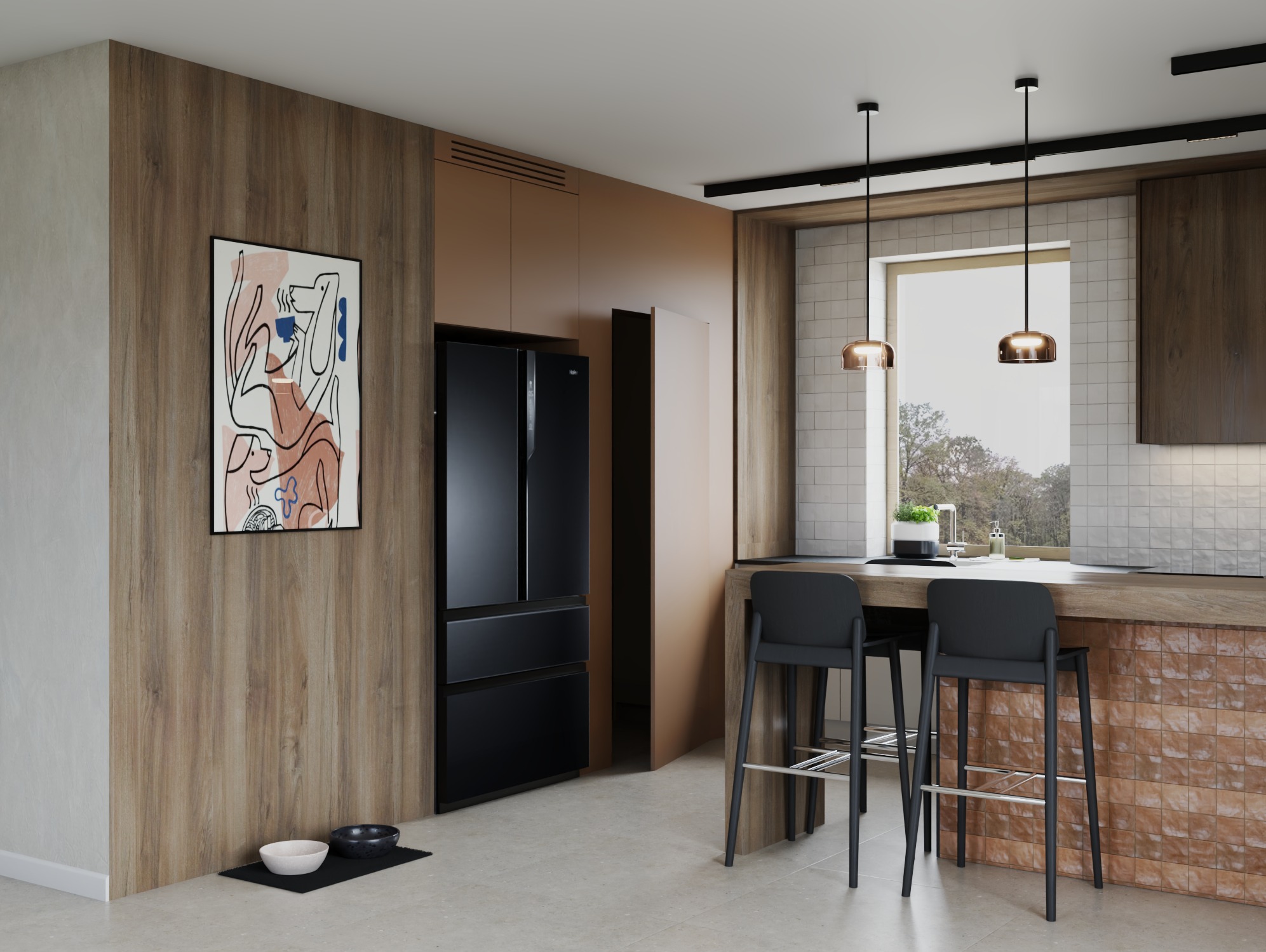 Nowoczesna kuchnia z drewnianymi frontami, czarną lodówką i wyspą z hokerami. Nad wyspą wiszą dwie lampy. Na ścianie abstrakcyjny obraz.