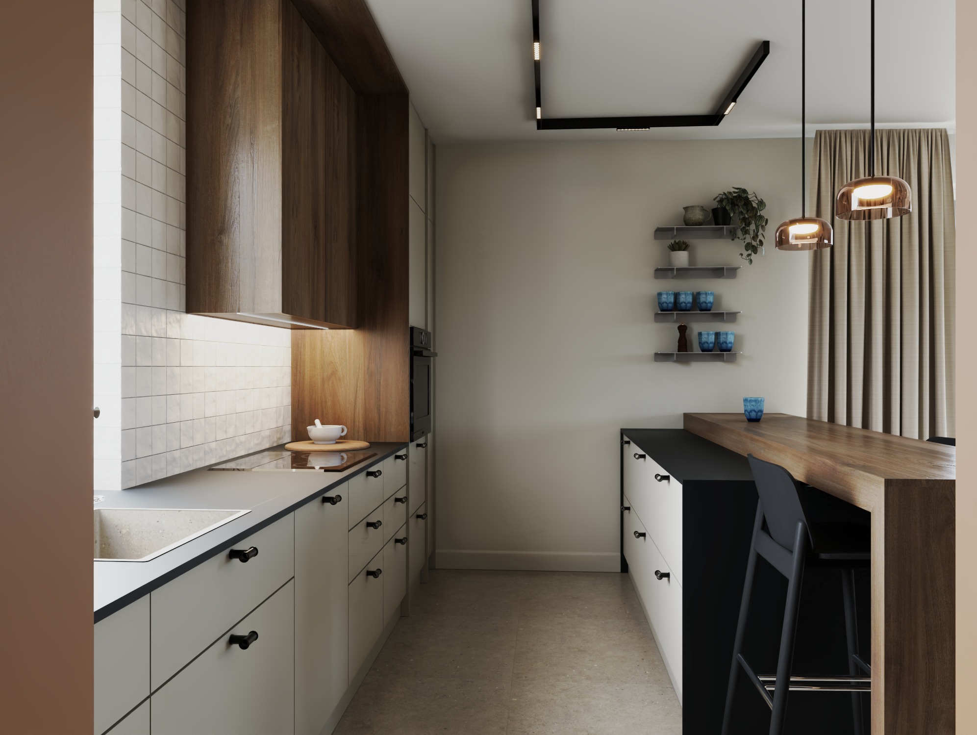 Nowoczesna kuchnia z drewnianymi akcentami: wiszące lampy, półki z dekoracjami i barek z krzesłem. Minimalistyczny design z dbałością o detale.