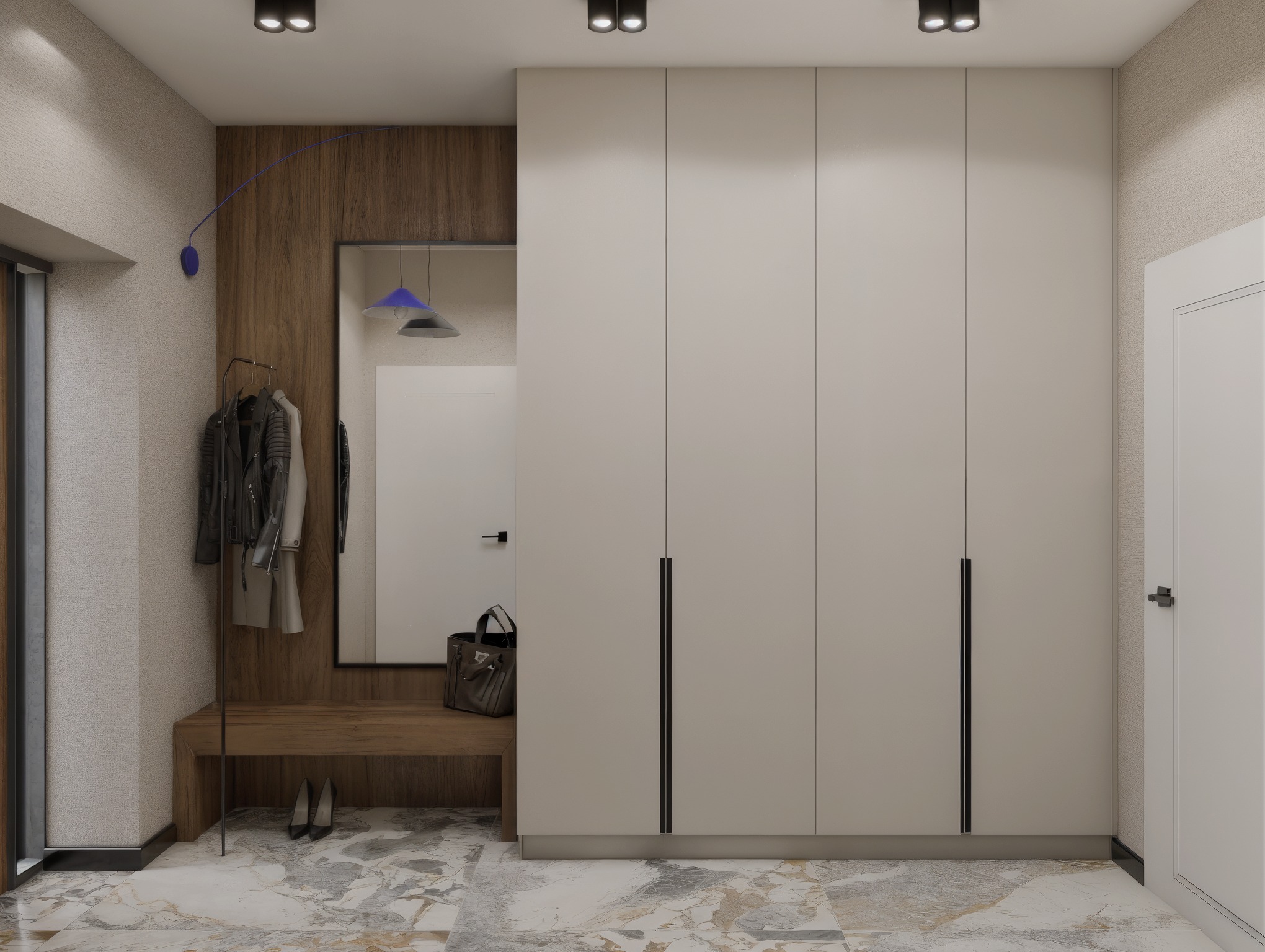 Nowoczesny przedpokój z drewnianą boazerią, lustrem, szafą w zabudowie i marmurową podłogą. Uwagę zwraca designerska lampa ścienna.