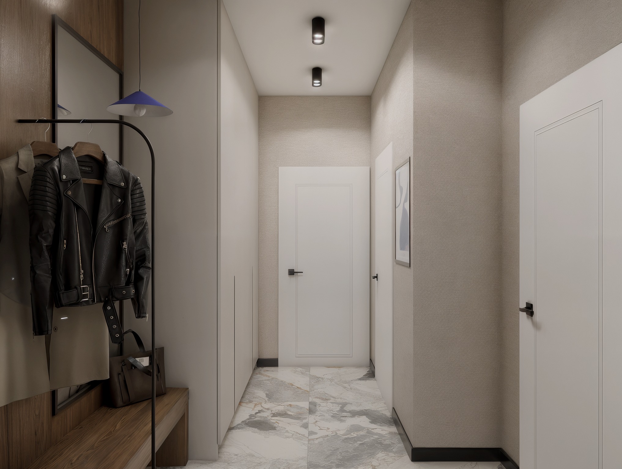 Nowoczesny przedpokój z marmurową podłogą, minimalistyczną szafą i wieszakiem na ubrania z designerską lampą. Stonowana kolorystyka i eleganckie wykończenie.