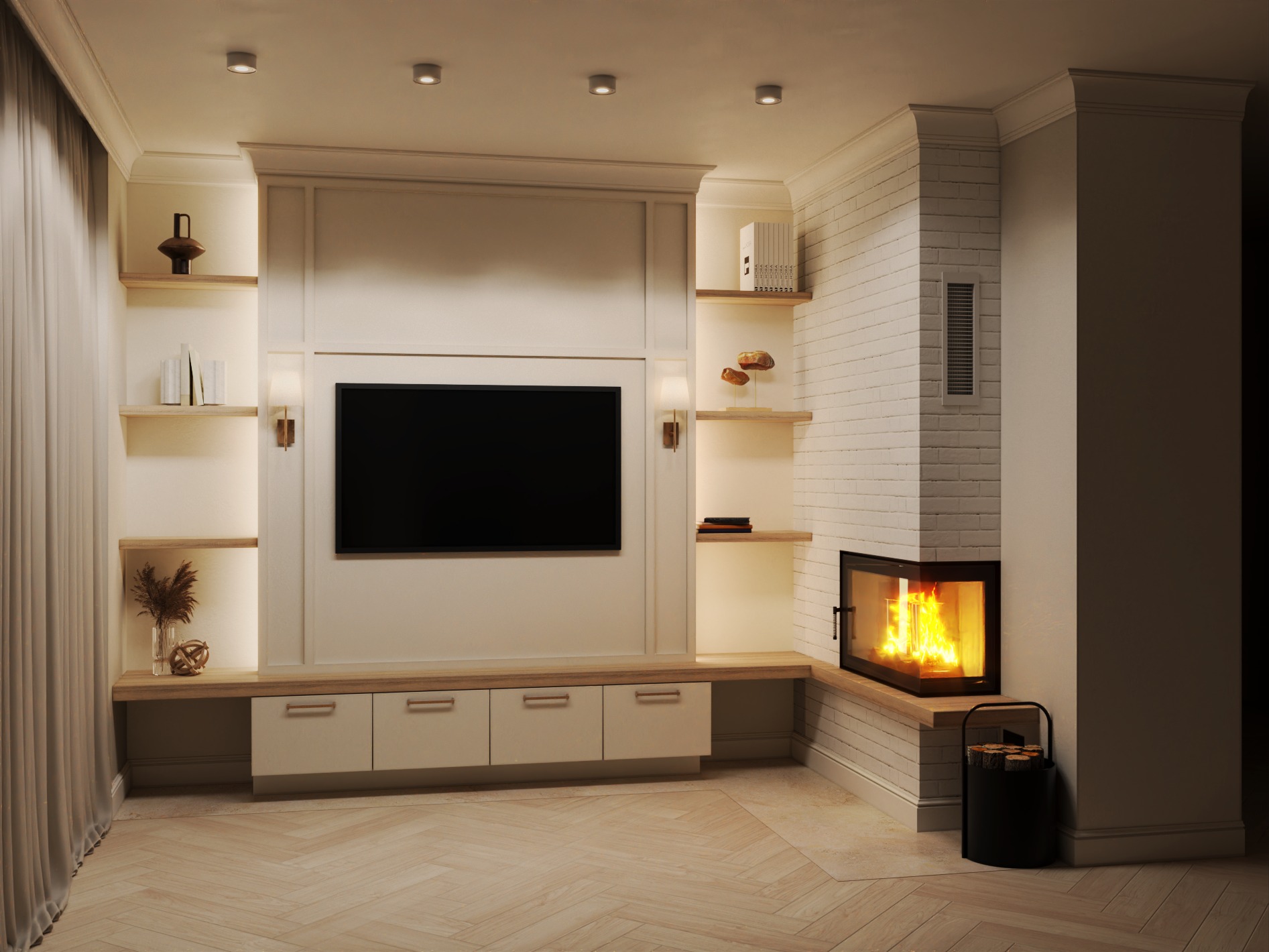 Salon z kominkiem i zabudową TV w stylu klasycznym. Parkiet w jodełkę, biała cegła na kominku, drewniane półki. Ciepłe oświetlenie punktowe.