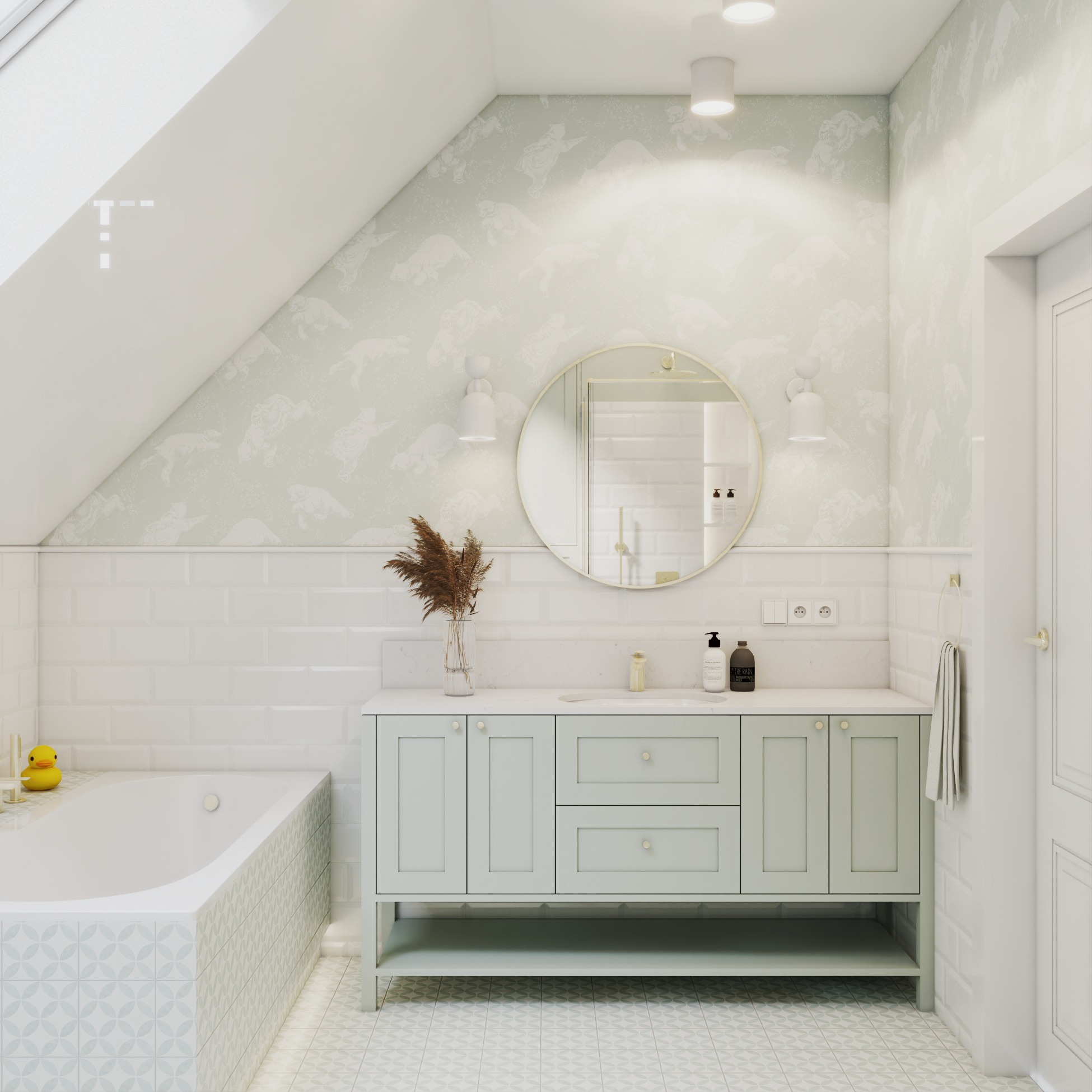 Jasna łazienka na poddaszu z wanną w geometryczne wzory, okrągłym lustrem i szafką w pastelowym odcieniu zieleni. Na ścianie tapeta ze zwierzęcym motywem.