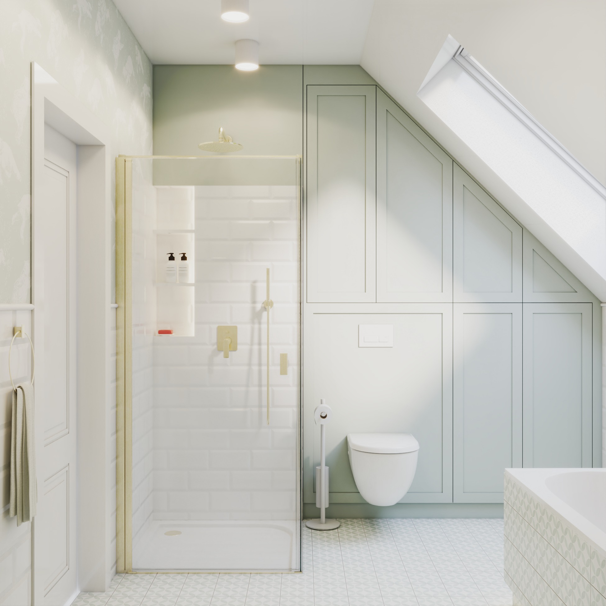 Jasna łazienka na poddaszu z kabiną prysznicową w złotej ramie, toaletą podwieszaną i zabudową meblową pod skosem.