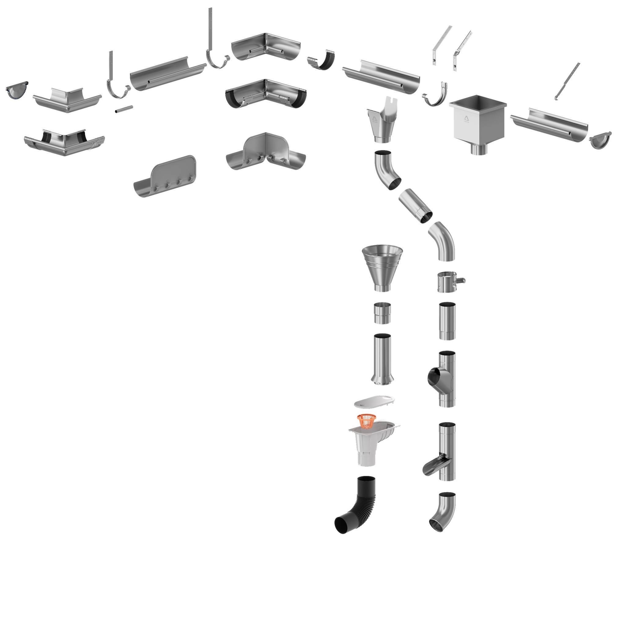 Zestaw komponentów systemu rynnowego w kolorze srebrnym, ukazujący różnorodne kształtki, złączki i elementy mocujące, rozłożone na białym tle.