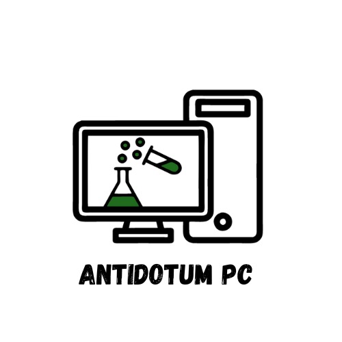 Graficzne logo firmy Antidotum PC przedstawiające komputer stacjonarny i monitor z ikoną kolby laboratoryjnej i probówki z zieloną cieczą.