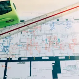 Plan instalacji sanitarnych z naniesionymi oznaczeniami, przykryty częściowo przez zielony stempel z danymi projektanta i białą linijkę z podziałką centymetrową.