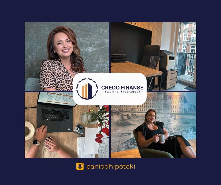 Kolaż zdjęć przedstawiający doradcę finansowego: portret uśmiechniętej kobiety, biuro z biurkiem i sprzętem, osoba pracująca na laptopie oraz kobieta relaksująca się z kubkiem w fotelu na tle...