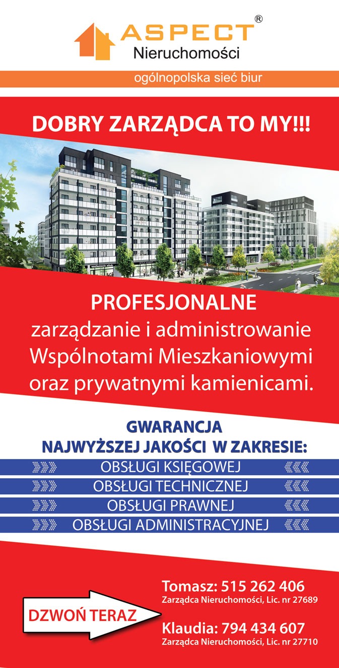 Reklama firmy Aspect Nieruchomości z wizualizacją nowoczesnego apartamentowca, oferującej obsługę księgową, techniczną, prawną i administracyjną wspólnot mieszkaniowych oraz prywatnych kamienic,...