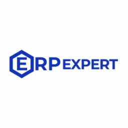 Logo firmy ERP EXPERT z niebieskim heksagonem otaczającym literę E, na białym tle.