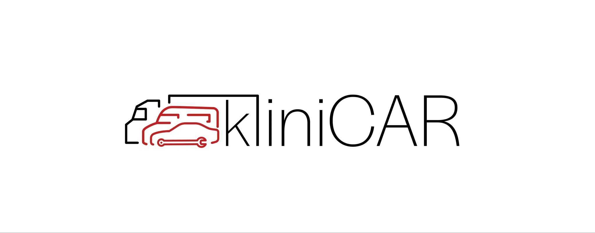 Minimalistyczne logo 'KlinicCAR' z stylizowanymi obrysami samochodów w kolorze czarnym i czerwonym.