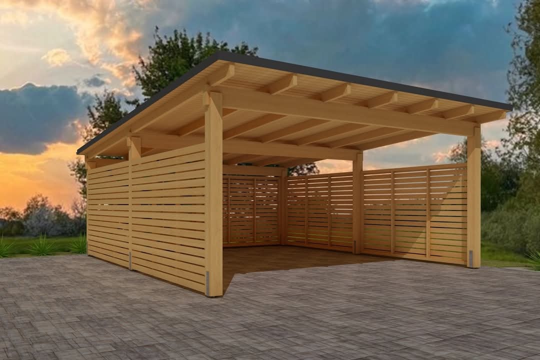 Wizualizacja drewnianej konstrukcji z płaskim dachem i ażurowymi ścianami, potencjalnie pełniącej funkcję wiaty lub zadaszenia tarasu, na tle zachodzącego słońca i zieleni.