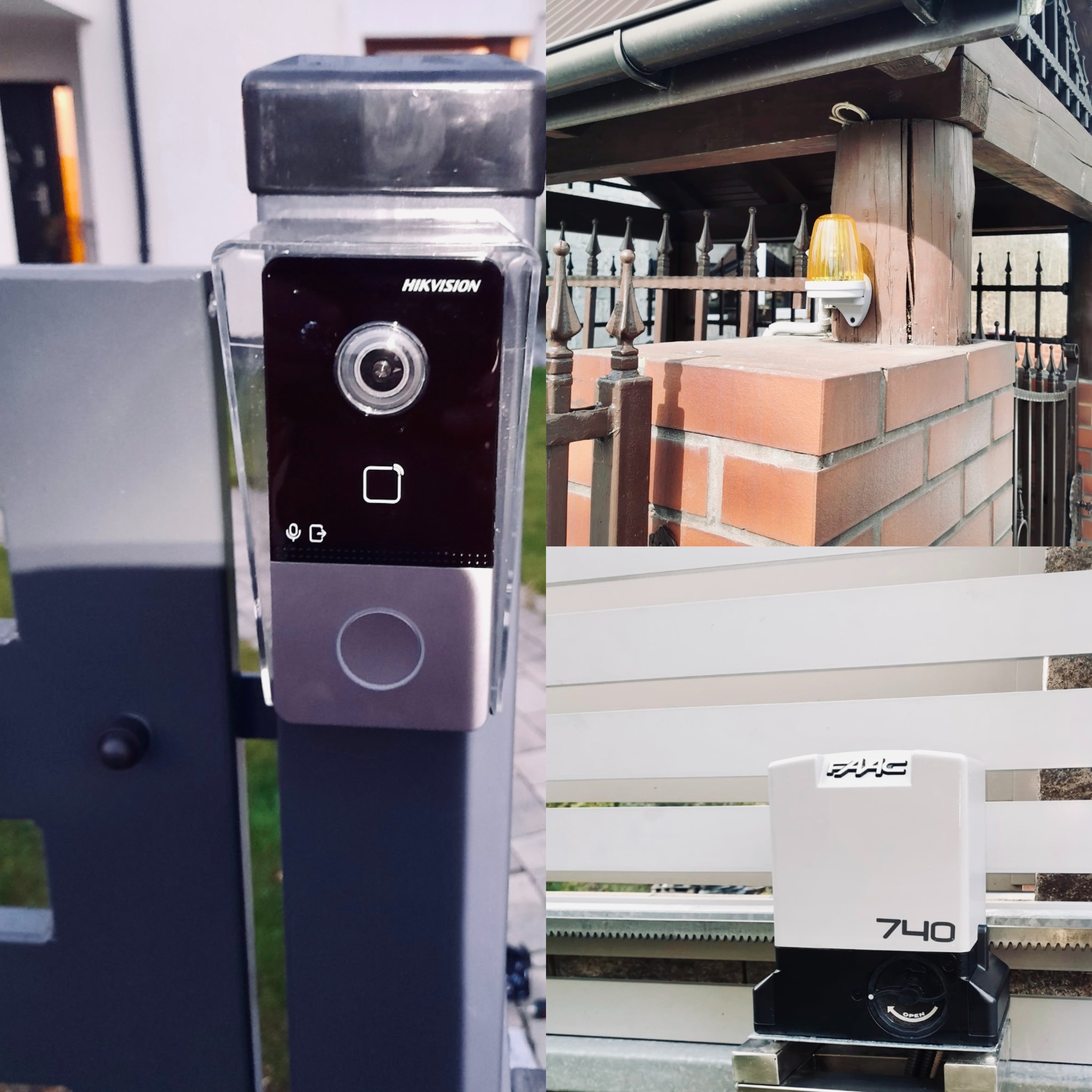 Zestaw: wideodomofon Hikvision na metalowej bramie, lampa ostrzegawcza na ceglanym słupku i automat FAAC 740 do bramy przesuwnej.