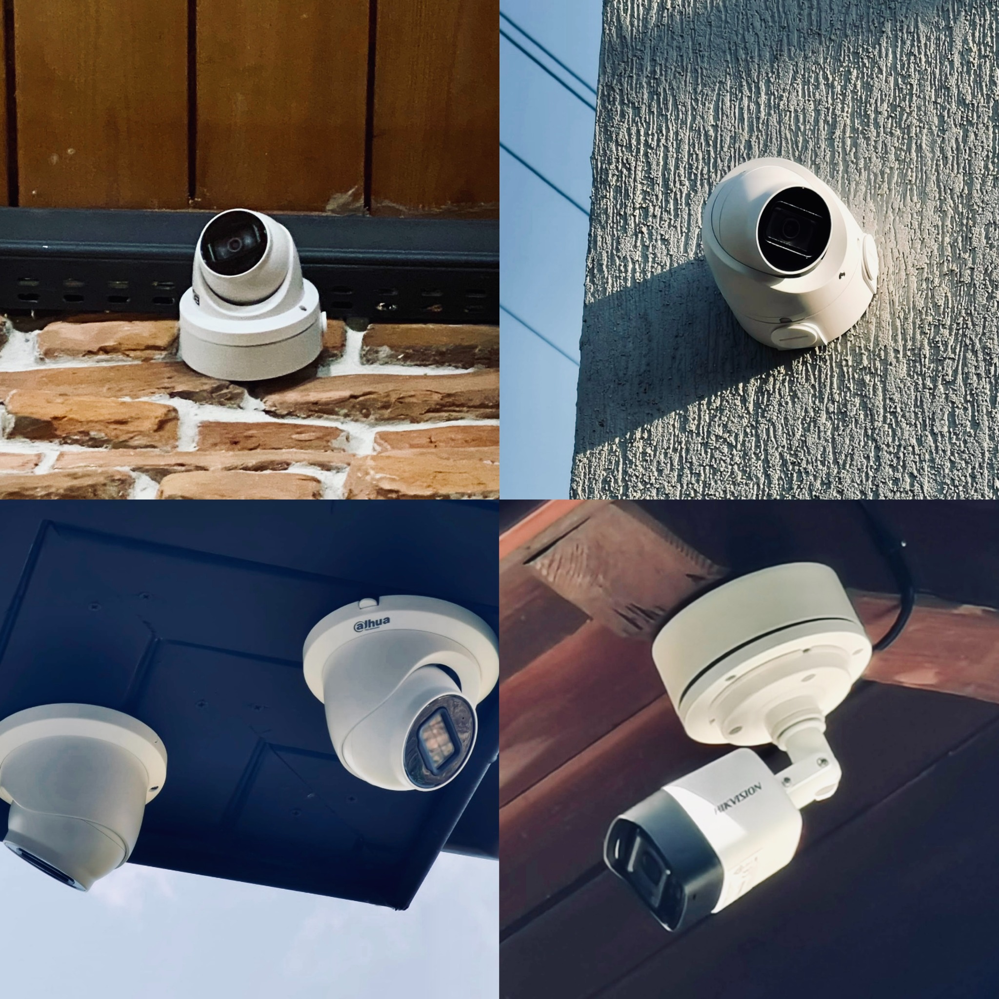 Kolaż czterech różnych kamer monitoringu: kopułkowa na ceglanej ścianie, biała kamera na teksturowanej fasadzie, dwie kamery Dahua pod dachem, kamera Hikvision na drewnianej konstrukcji.