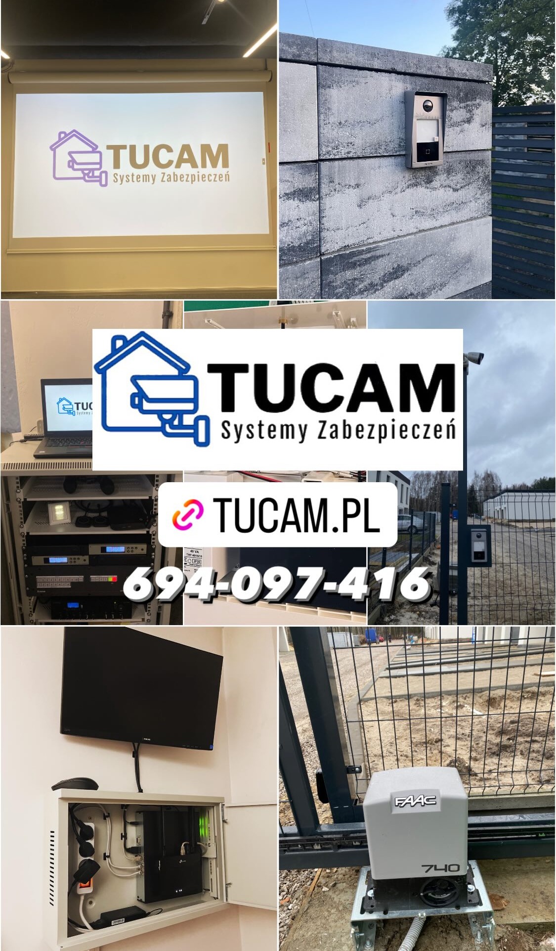 Kompozycja zdjęć systemów zabezpieczeń firmy TUCAM: logo na ekranie, wideodomofon na elewacji, serwerownia, brama automatyczna FAAC 740.