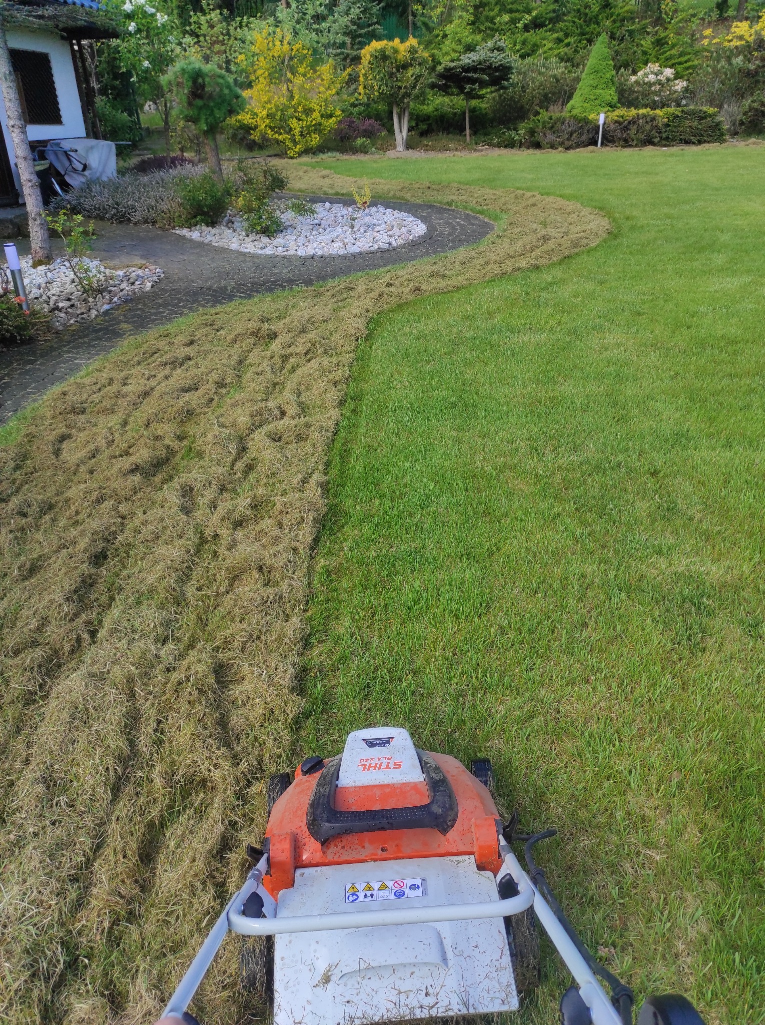 Kosiarka Stihl na trawniku, połowa skoszona, druga z długą trawą. Widoczny wzór skoszonej trawy wzdłuż ścieżki z kamieni. Trawa zielona, bujna.