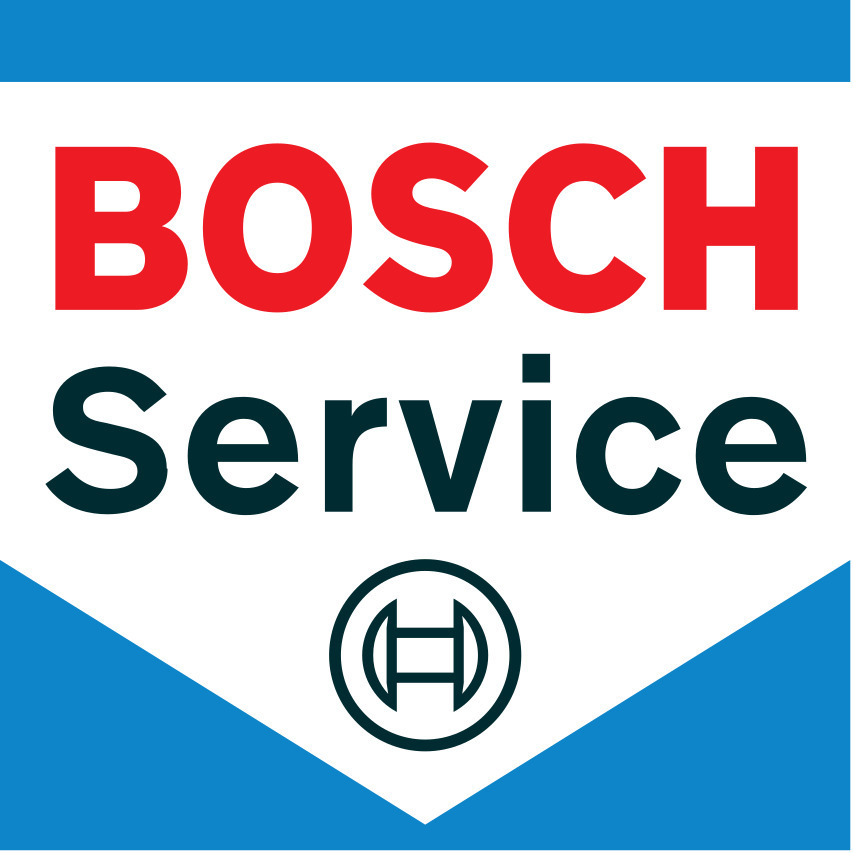 Logo Bosch Service z czerwonym napisem BOSCH, czarnym napisem Service i niebieskim symbolem w dolnej części.