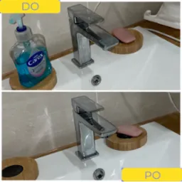 Porównanie stanu baterii umywalkowej przed i po czyszczeniu, ukazujące usunięcie osadu i przywrócenie połysku.