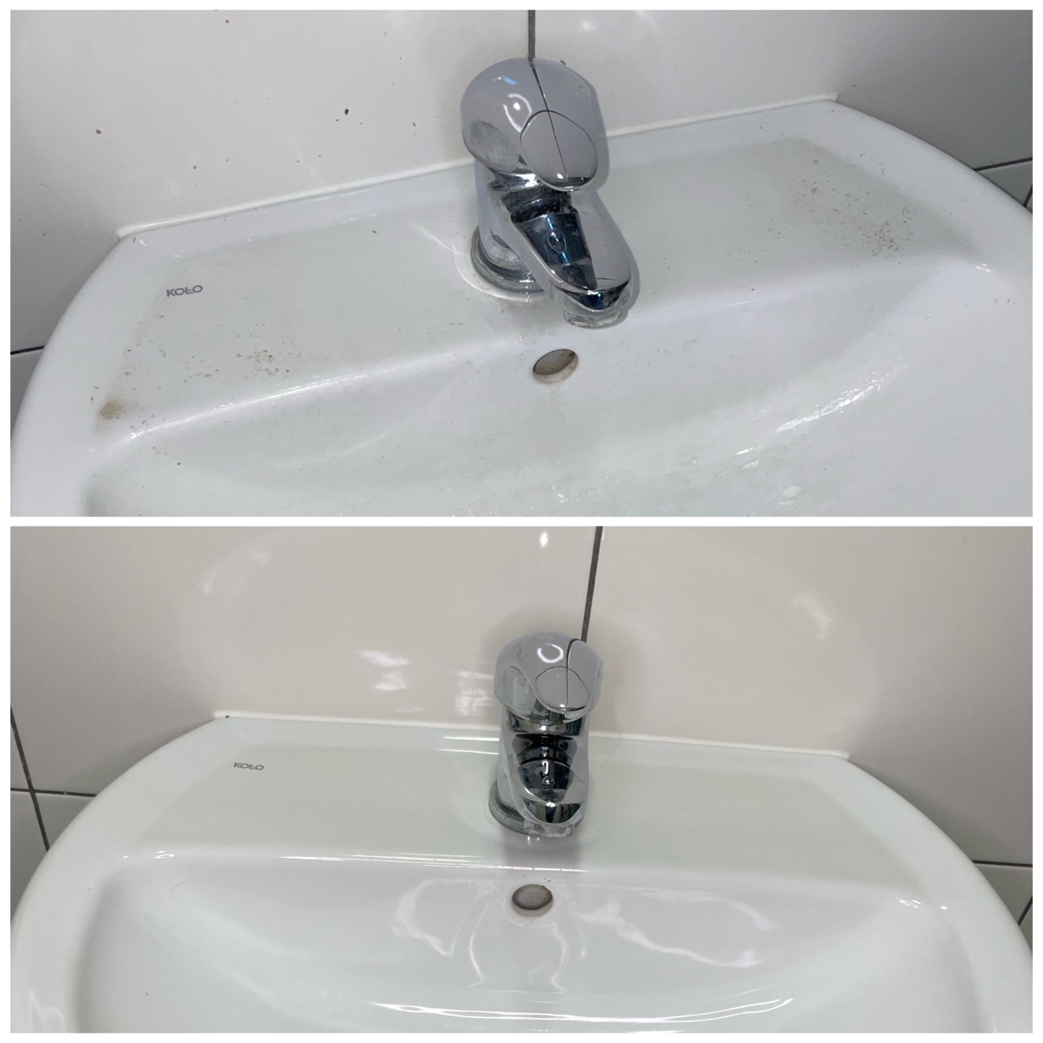 Zdjęcie typu 'przed i po' przedstawiające białą umywalkę marki Koło z chromowaną baterią: górny kadr ukazuje powierzchnię umywalki pokrytą drobnymi zabrudzeniami, natomiast dolny kadr prezentuje...