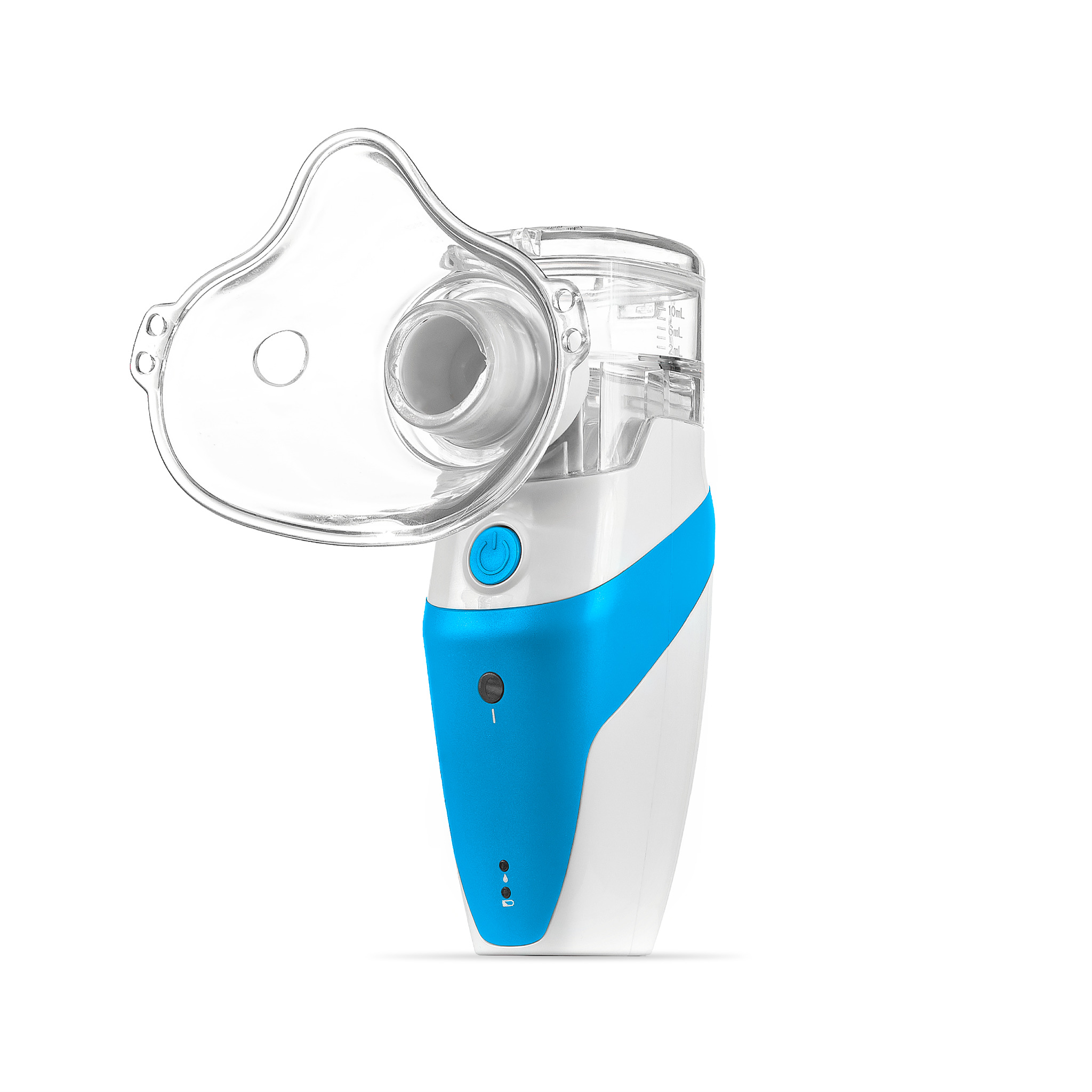 Przenośny inhalator nebulizator z maską, biało-niebieski, widok z przodu, na białym tle.