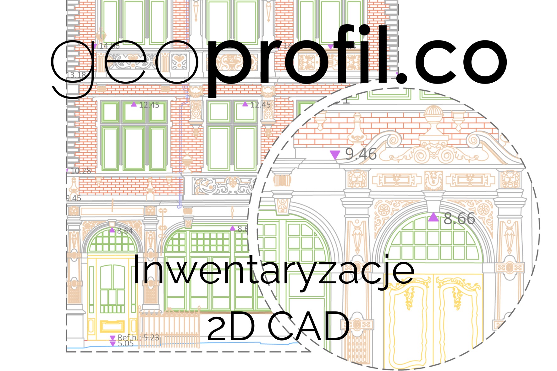 Rzut elewacji budynku z naniesionymi wymiarami i oznaczeniami, wykonany w programie CAD, z widocznym logo 'geoprofil.co' i napisem 'Inwentaryzacje 2D CAD'.