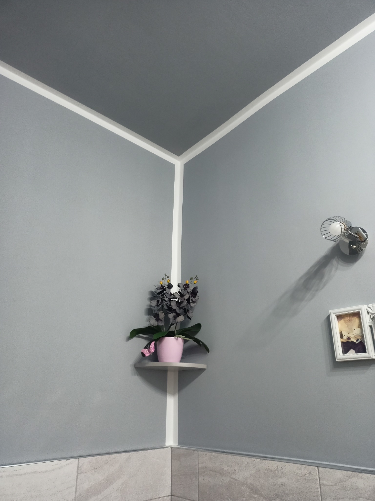 Szara ściana i sufit połączone białym pasem, na rogu półka z kwiatem w różowej doniczce, na ścianie lampa i ramka ze zdjęciem.