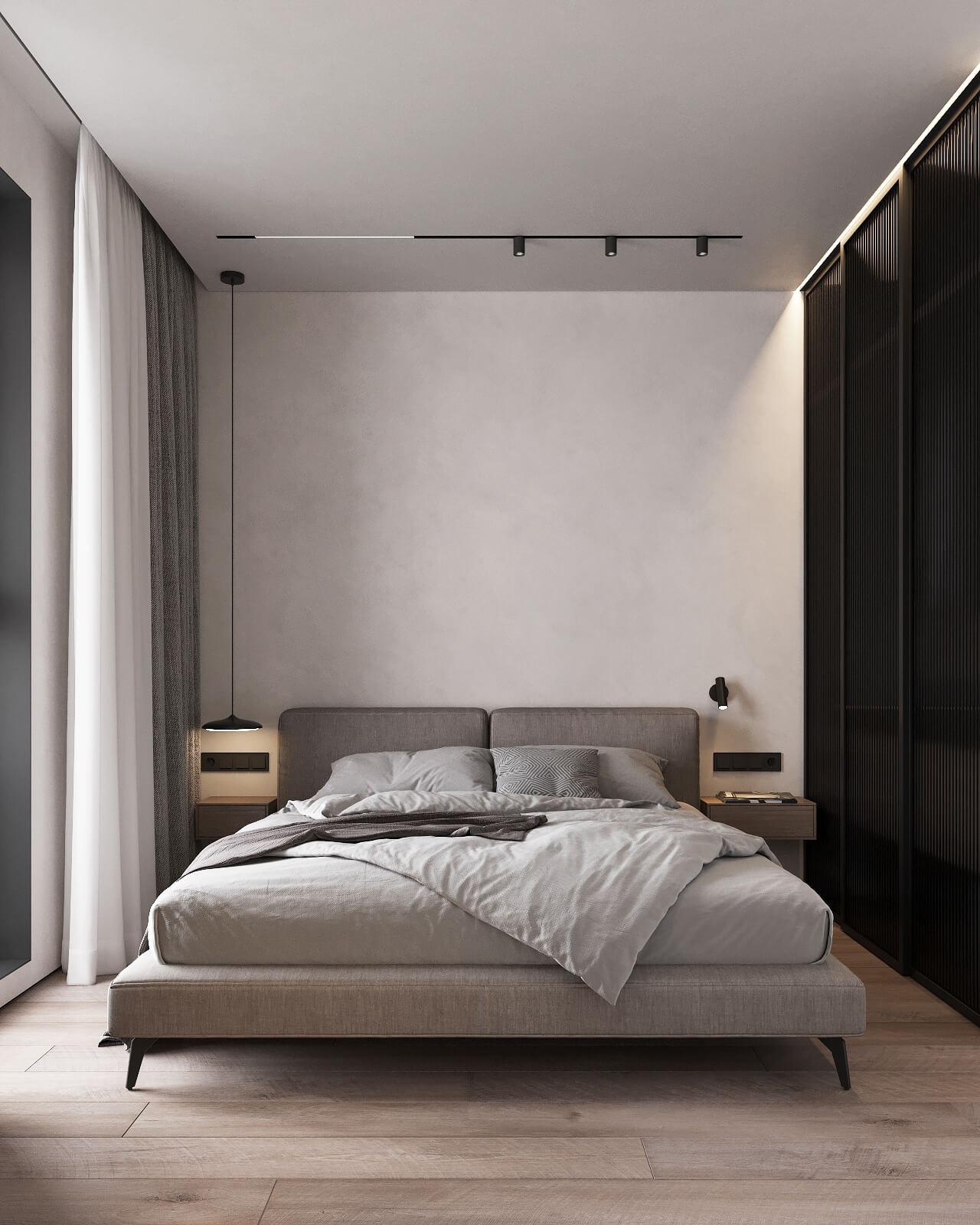 Minimalistyczna sypialnia z łóżkiem w odcieniach szarości, drewnianą podłogą i czarną, pionową zabudową szafy. Oświetlenie punktowe na suficie i wisząca lampka nocna. Dekoracyjne poduszki i pled...