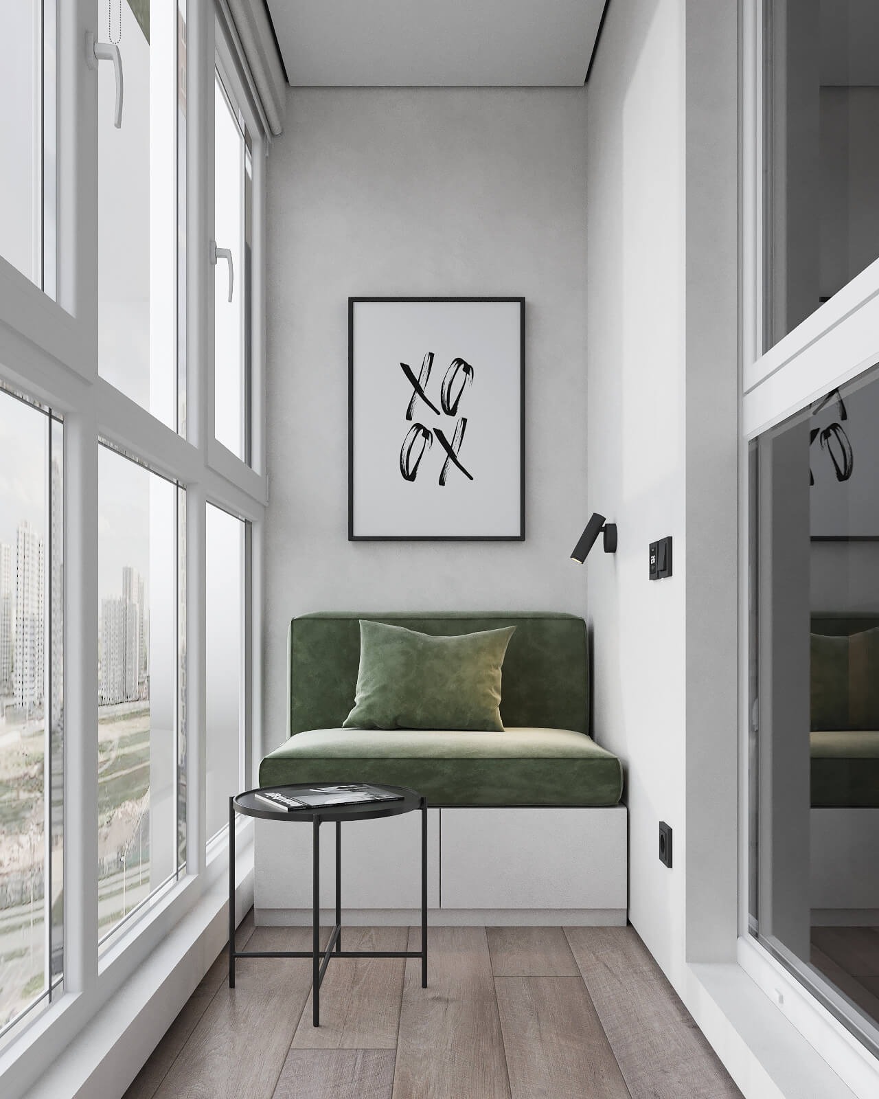 Aranżacja balkonu z siedziskiem w kolorze oliwkowym, poduszką, stolikiem kawowym i widokiem na miasto przez duże okna.