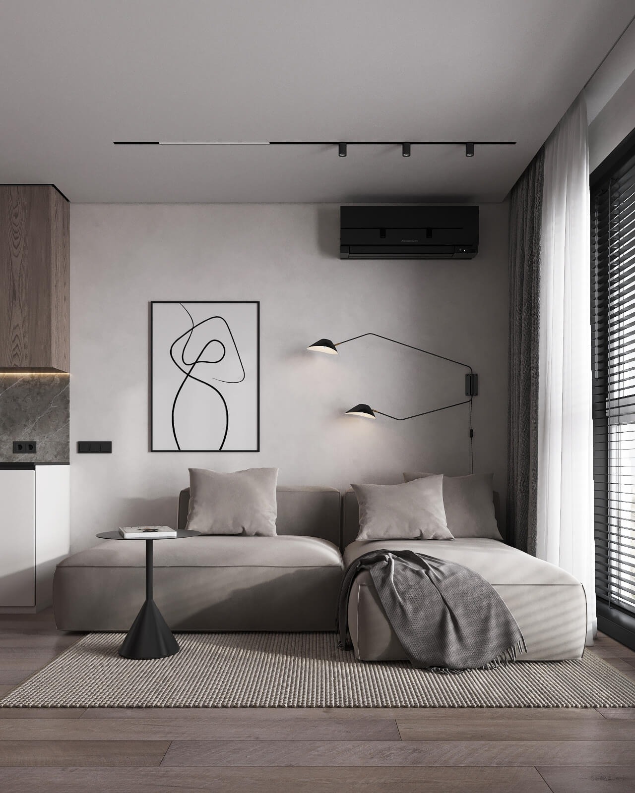 Minimalistyczny salon z szarą sofą modułową, stolikiem pomocniczym, abstrakcyjnym obrazem i oświetleniem punktowym na suficie