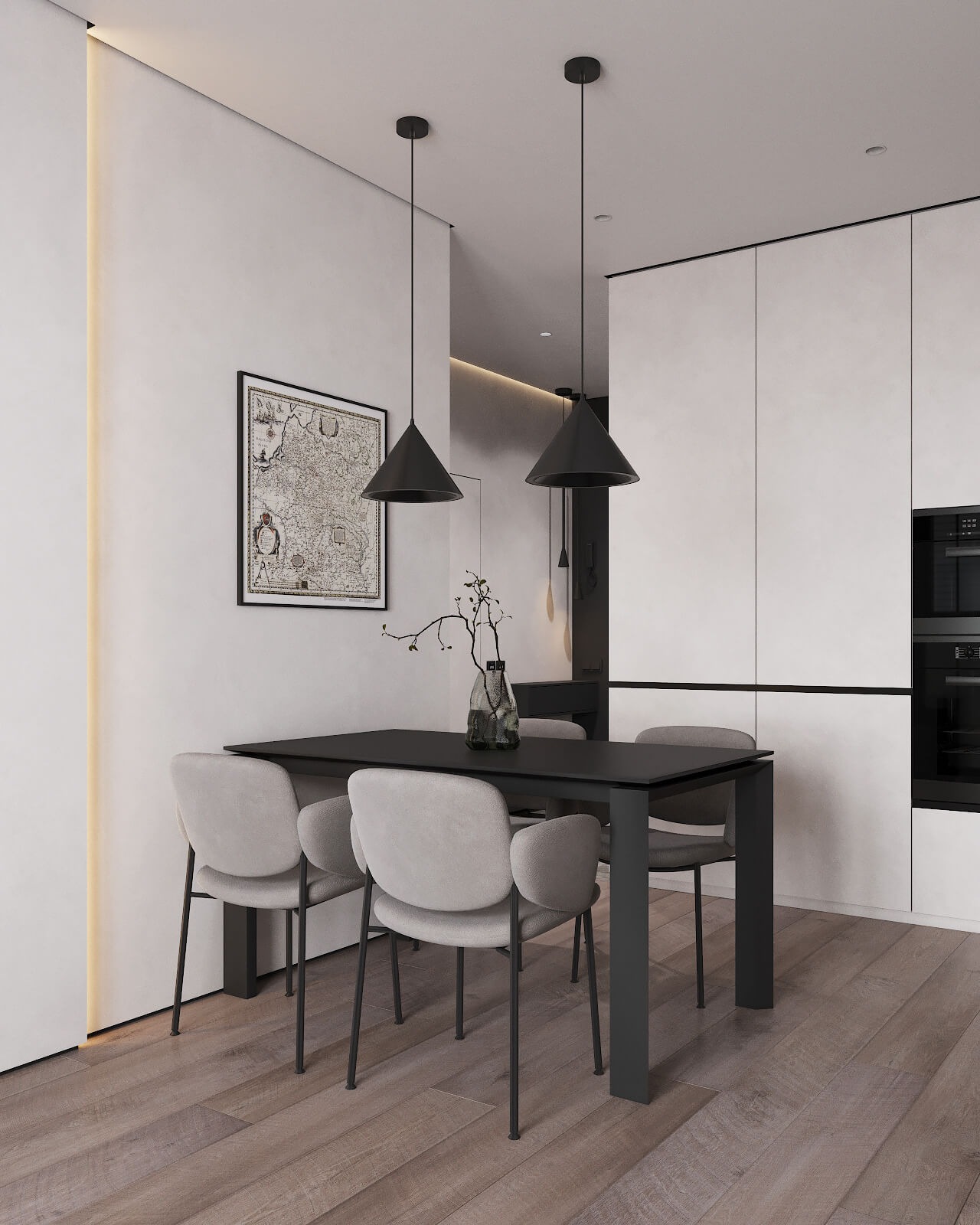 Nowoczesna jadalnia z czarnym stołem, szarymi krzesłami i minimalistycznymi lampami wiszącymi, uzupełniona mapą w czarnej ramie na ścianie.