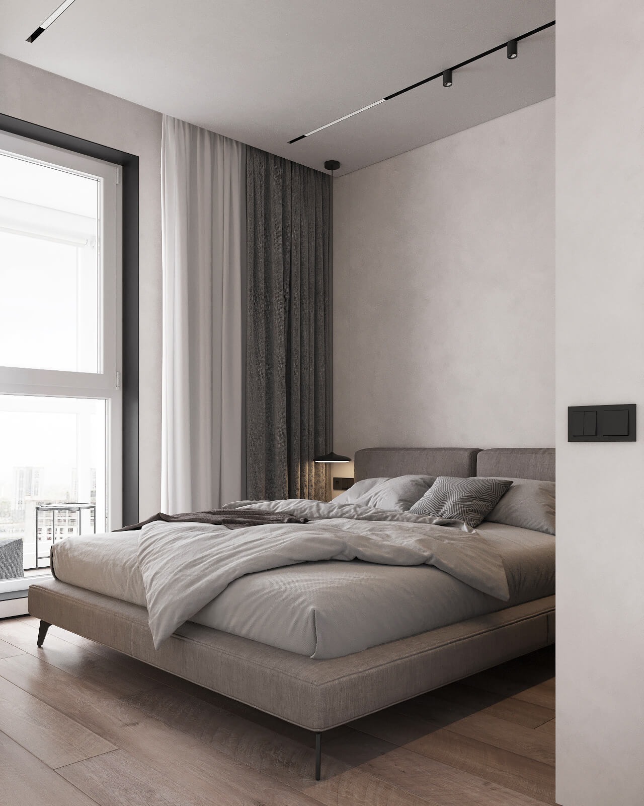 Nowoczesna sypialnia z łóżkiem kontynentalnym, oknem panoramicznym z widokiem na miasto, zasłonami w odcieniach szarości i minimalistycznym oświetleniem punktowym.
