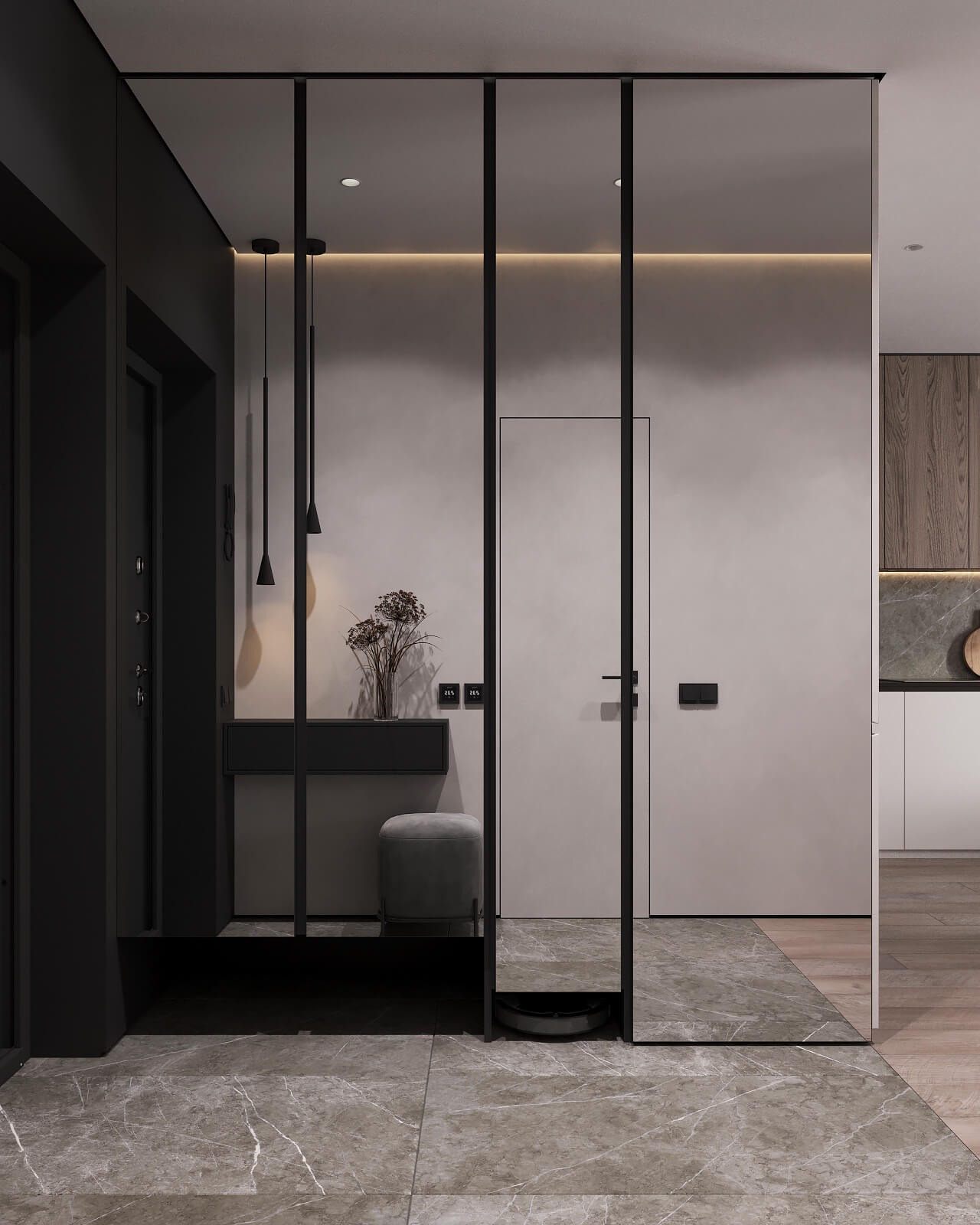 Nowoczesny przedpokój z szarymi płytkami marmurowymi, minimalistyczną konsolą, szklaną ścianką działową i widokiem na kuchnię z drewnianymi frontami.