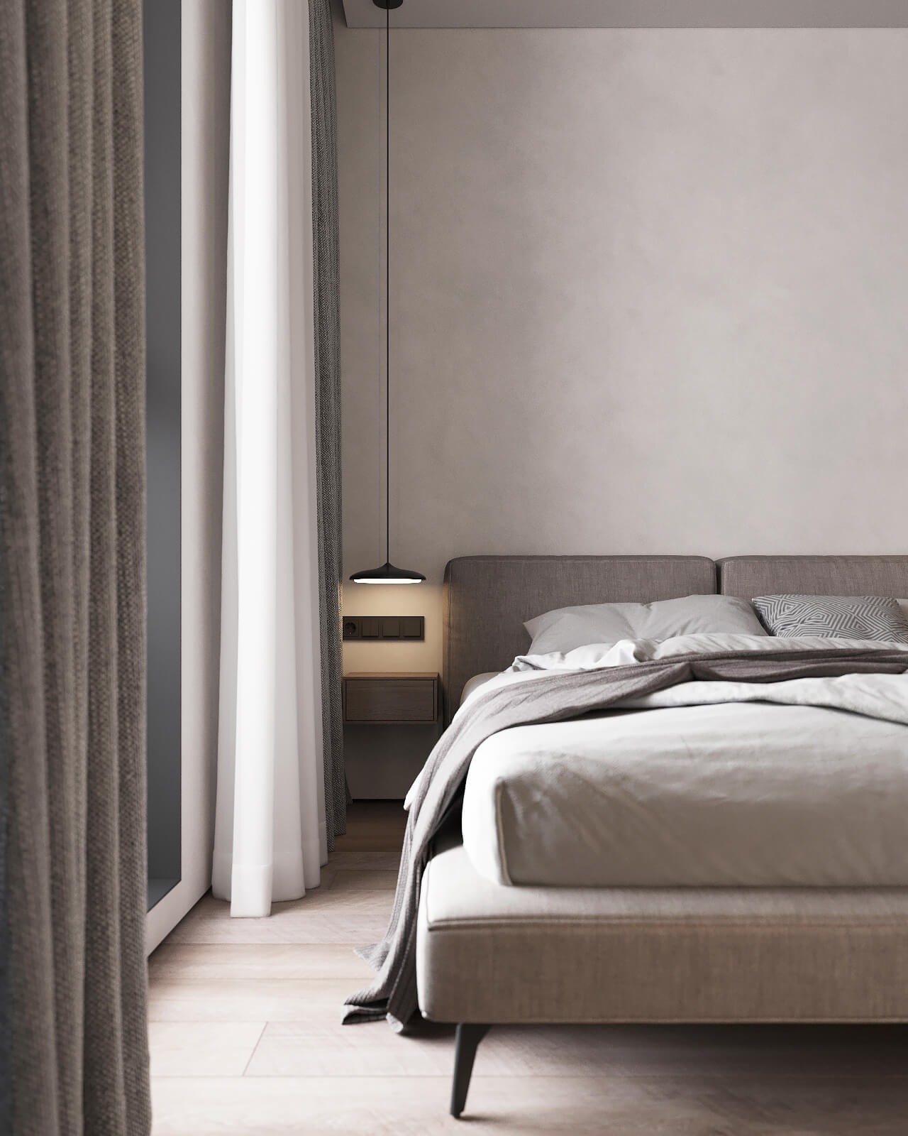 Minimalistyczna sypialnia z łóżkiem kontynentalnym w odcieniach szarości, wiszącą lampą nad szafką nocną i zasłonami w oknie.