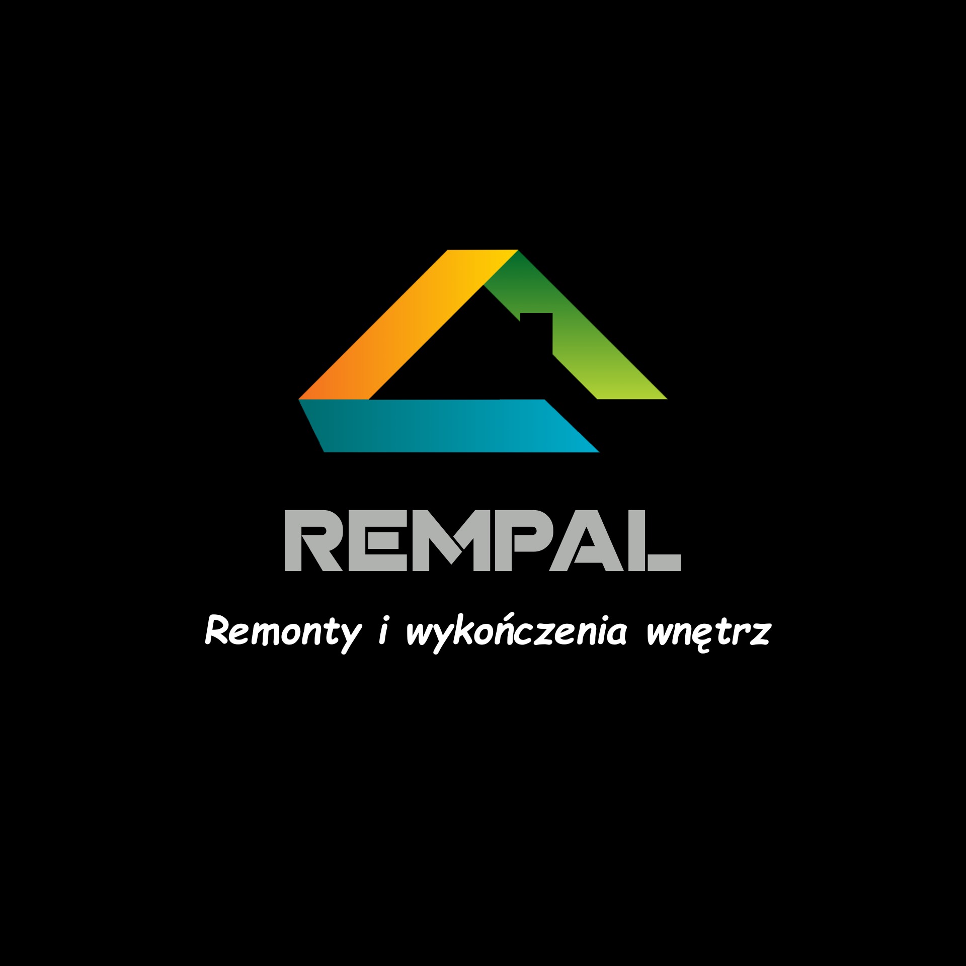 Logo firmy REMPAL, zajmującej się remontami i wykończeniami wnętrz. Zawiera graficzny symbol domu z dachem w kolorach żółtym, zielonym i niebieskim.