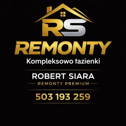 Robert Siara - Złoto-srebrne logo firmy remontowej na czarnym tle. Widoczny numer telefonu i napis 'Kompleksowo łazienki'.