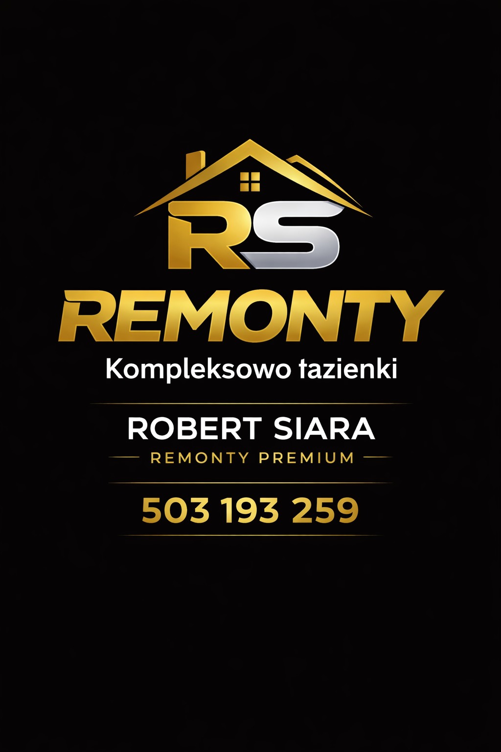 Złoto-srebrne logo firmy remontowej na czarnym tle. Widoczny numer telefonu i napis 'Kompleksowo łazienki'.