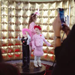 Trzy dziewczynki w przebraniach pozują w złotej fotobudce, otoczone bańkami mydlanymi, fotografowane telefonem.