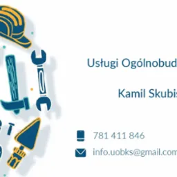 Wizytówka firmy budowlanej z ilustracjami narzędzi: młotek, kielnia, pędzel, klucz, kask, oraz danymi kontaktowymi: numer telefonu i adres e-mail.