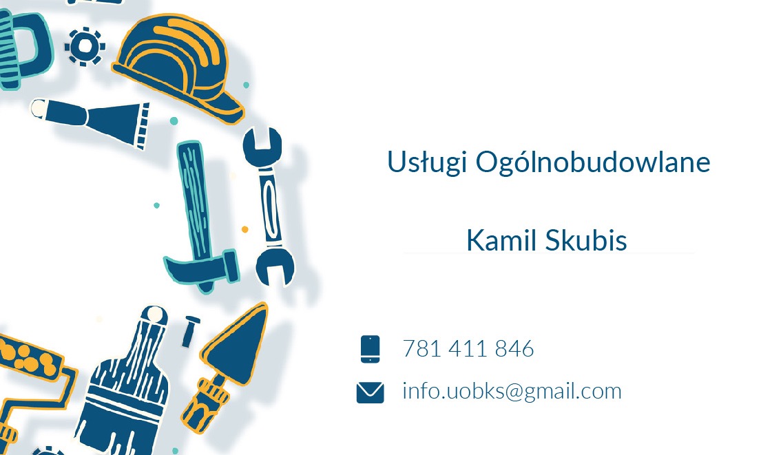 Wizytówka firmy budowlanej z ilustracjami narzędzi: młotek, kielnia, pędzel, klucz, kask, oraz danymi kontaktowymi: numer telefonu i adres e-mail.