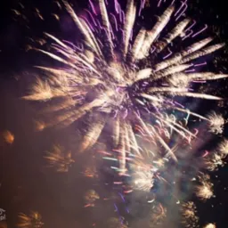 Wybuchający fajerwerk na nocnym niebie z długimi smugami światła w kolorach białym, fioletowym, czerwonym i zielonym, otoczony dymem.