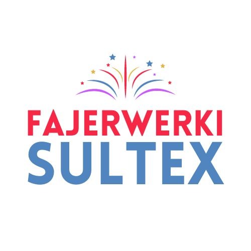 Logo firmy Fajerwerki Sultex z graficzną reprezentacją wybuchu fajerwerków w kolorach niebieskim, czerwonym i fioletowym.