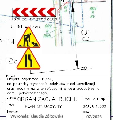 Plan sytuacyjny organizacji ruchu, rysunek techniczny z oznaczeniami drogowymi i informacjami o projekcie kanalizacji i przyłączach wodnych dla domu jednorodzinnego, skala 1:500.